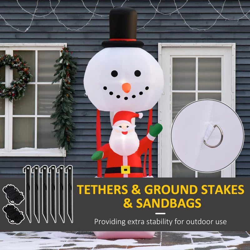 8ft Christmas Inflatable Decoration with Santa Claus on Snowman Hot Air Balloon, Blow Up Xmas Decor for Outdoor Indoor with LED Lights