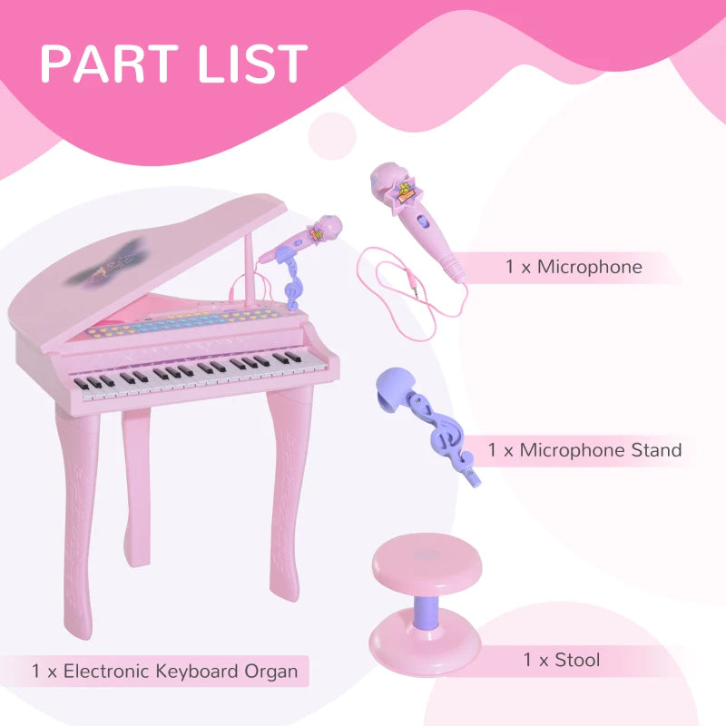 37 Keys Kids Mini Electronic Keyboard Children Grand Piano with Stool Microphone Light Musical Instrument Educational Game Toy Set (Pink)