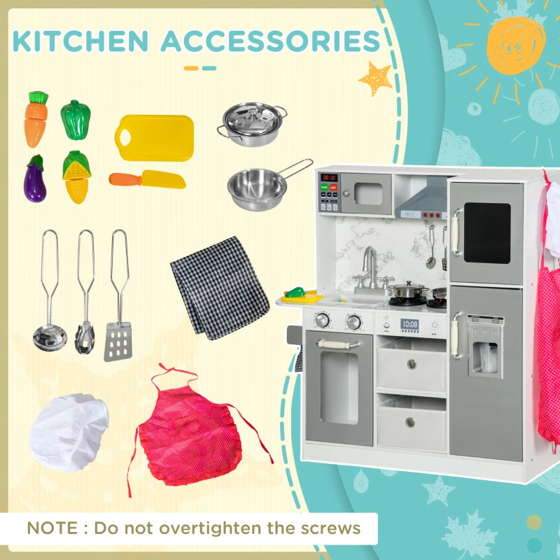 Toy Kitchen with Lights, Sounds, Apron and Chef Hat, Ice Maker, Microwave, for Ages 3-6 Years - White