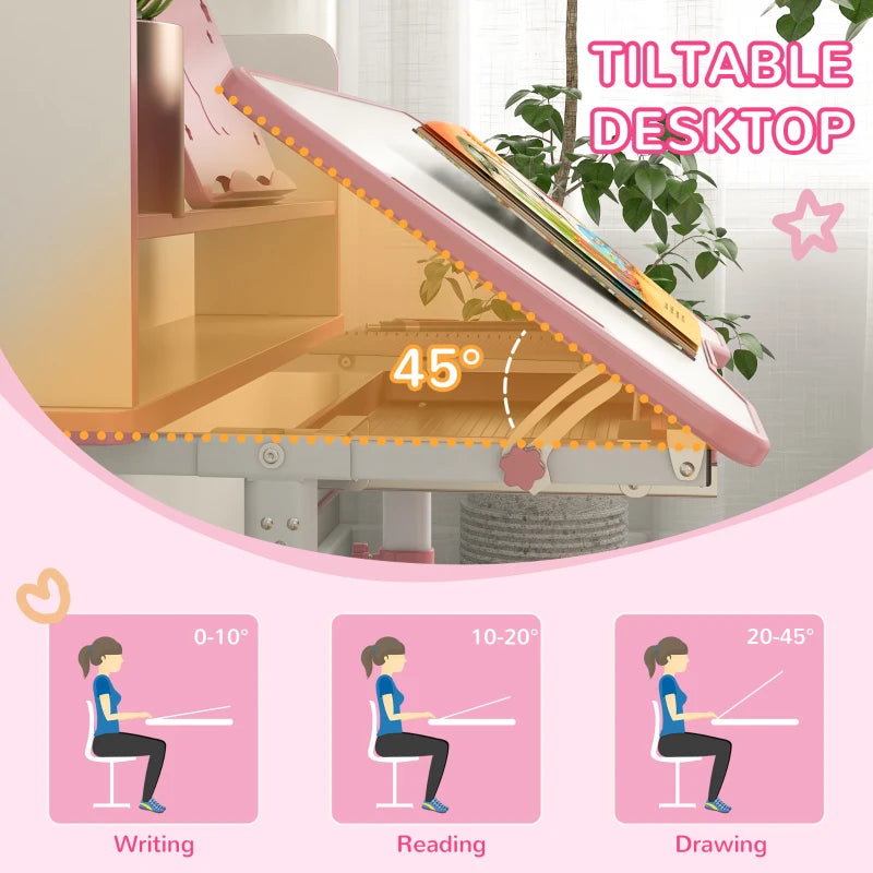 Height Adjustable Kids Study Table and Chair Set, with Drawer, Storage Shelf, 80 x 54.5 x 104 cm, Pink