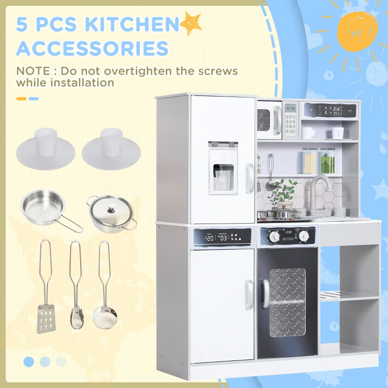 Pretend Play Toy Kitchen, Kids Kitchen Playset w/ Sounds, Lights, Running Water, Coffee Maker, Refrigerator
