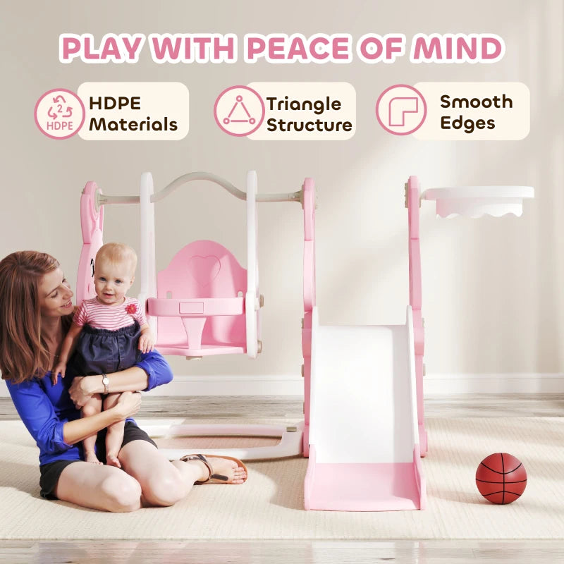 4 in 1 Kids Slide and Swing Set with Climber, Basketball Hoop, Rabbit-Themed, Pink