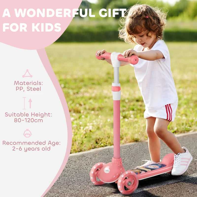 Kids 3 Wheel Scooter for 2-6 Years Old w/ Adjustable Height, LED Light, TPE Handlebar, Pink