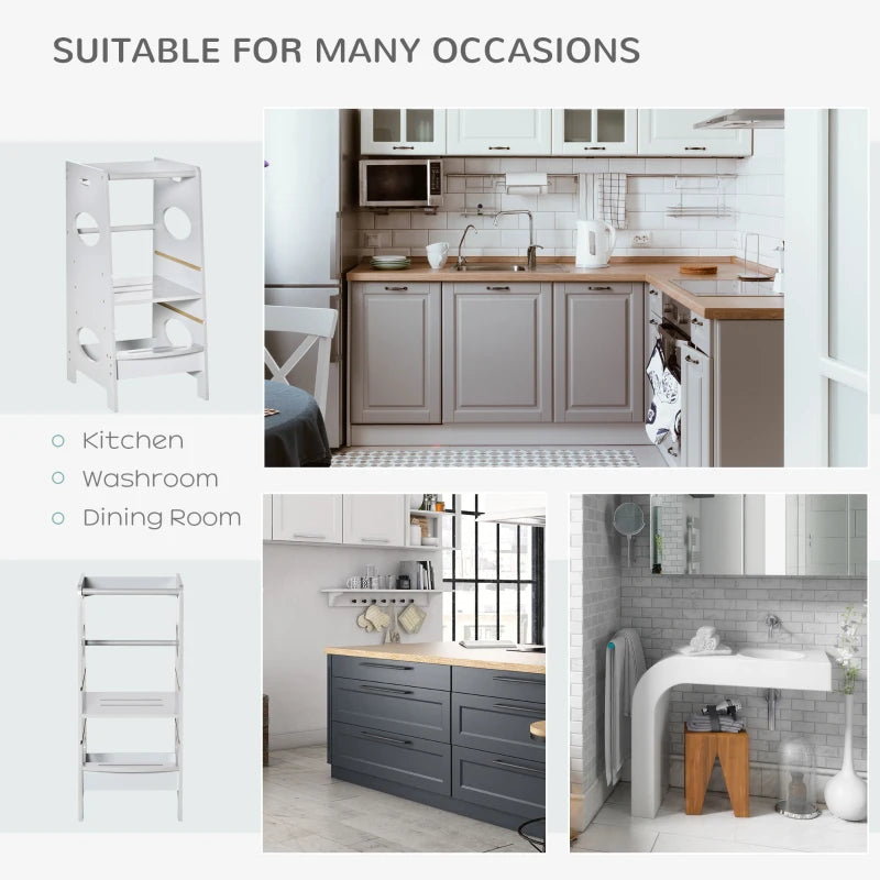 Kids Step Stool Toddler Kitchen Stool Tower with Adjustable Standing Platform, Grey