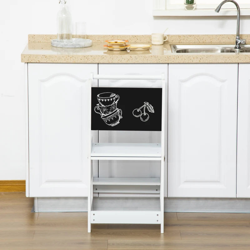 2 in 1 Kids Kitchen Step Stool with Safety Rail Toddler Steps with Chalkboard for Kitchen Bathroom, White