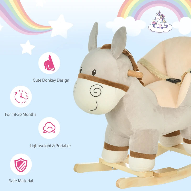 Kids Rocking Horse, Children Plush Ride On Donkey Animal Rocker w/ Sound, Wood Base Seat, Safety Belt, Baby Toy Rocker for Toddler 18 - 36 Months, Grey