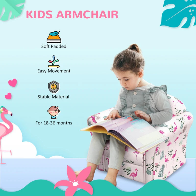 Kids Armchair with Flamingo Design, Wooden Frame, for Bedroom, Playroom, Kids Room - Pink