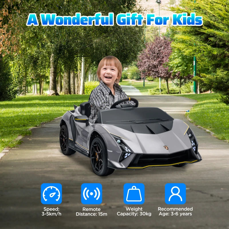 12V Lamborghini Autentica Licensed Kids Electric Car with Remote Control, 4 Suspension Wheels, Soft Start, Grey