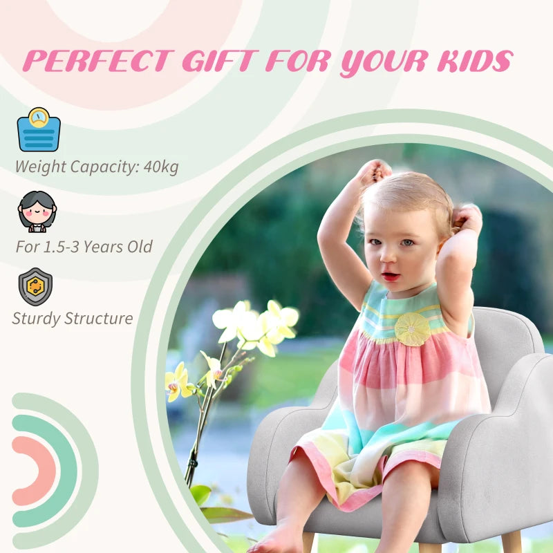 Kids Armchair Toddler Sofa Children Chair with Arm Rest, Wooden Frame, Velvet, PP Legs, Cloud Shape, for Ages 1.5-3 Years - Grey