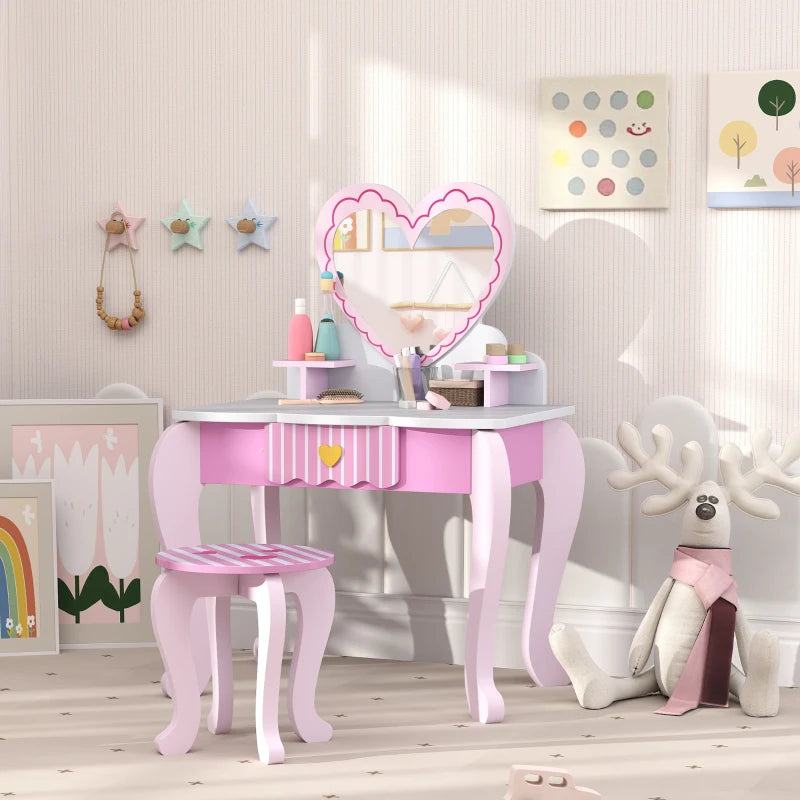 Kids Dressing Table Set, Vanity Table with Stool, Mirror, Drawer, Desktop Storage, Heart Theme, Pink