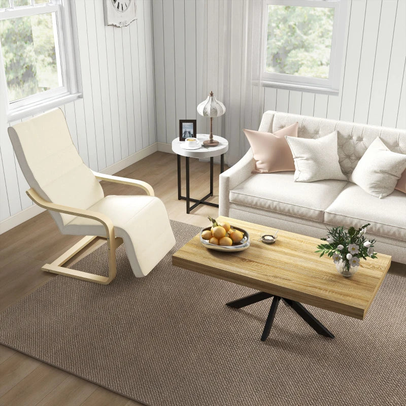 Wooden Armchair, Upholstered Linen Lounge Chair with Adjustable Footrest & Removable Cushion, Poang Chair for Living Room, Cream White