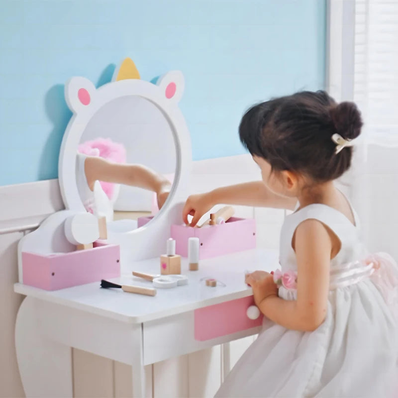 Unicorn-Design Kids Dressing Table, with Mirror and Stool - White