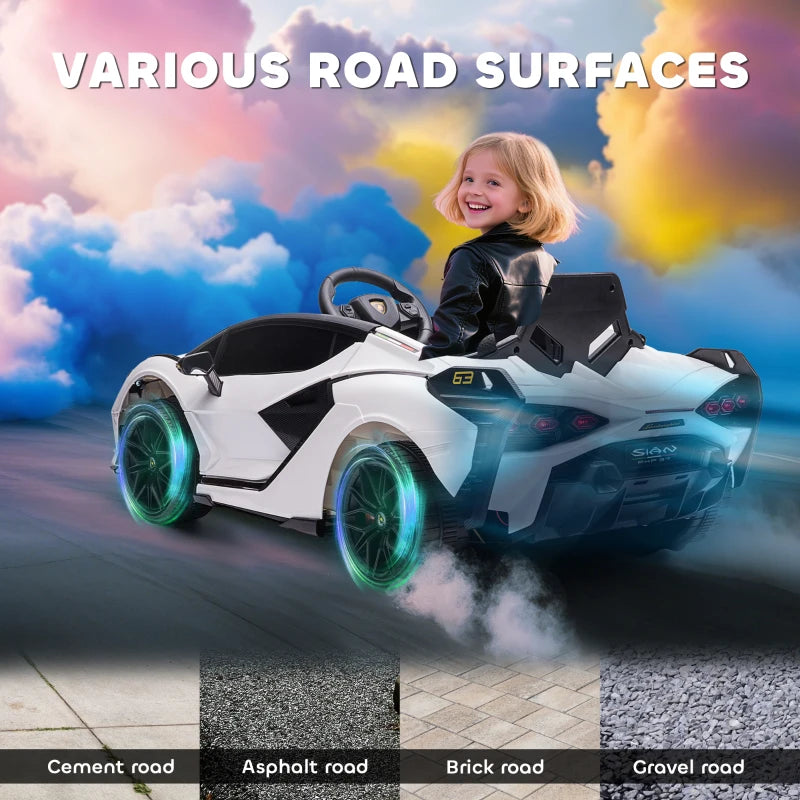 Lamborghini Sian Licensed 12V Kids Electric Ride On Car 2 Motors Toy Car with Remote Control Music Lights MP3 for 3-5 Years White
