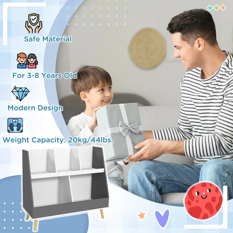 Two-Tier Kids Storage Shelf, with Five Compartments, Anti-Tip Device - Grey 5 (2)