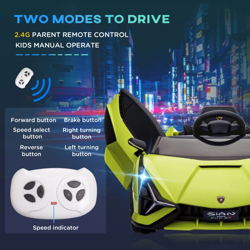 Lamborghini Sian Licensed 12V Kids Electric Ride On Car 2 Motors Toy Car with Remote Control Music Lights MP3 for 3-5 Years Green