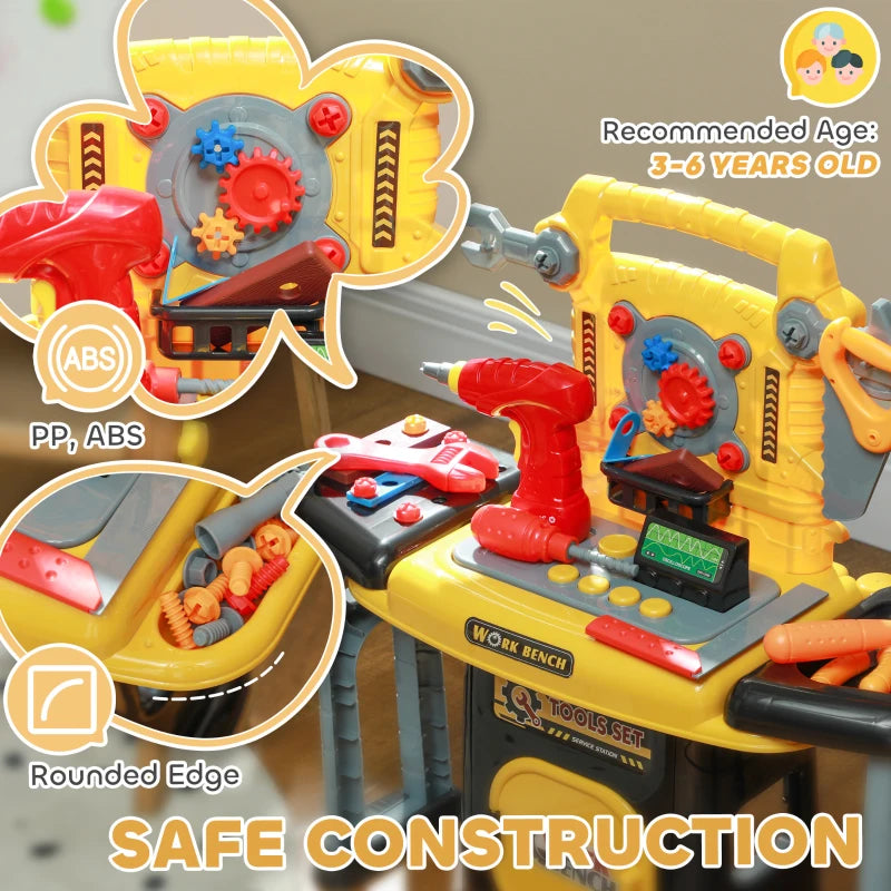 102-Piece Kids Tool Bench with Electric Drill, Storage for Ages 3-6 Years, Yellow