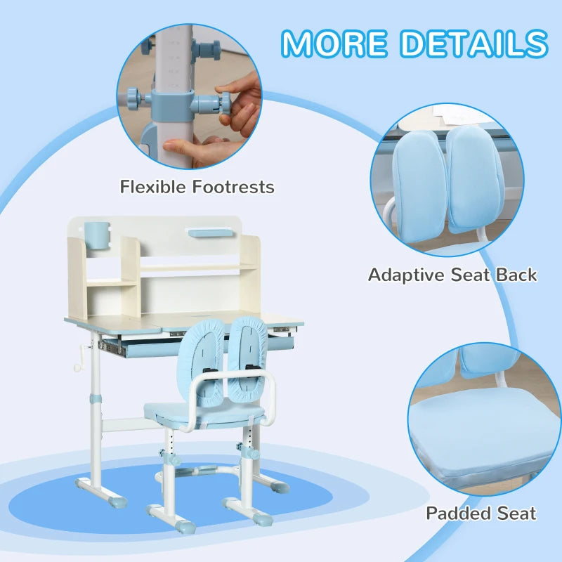 Kids Desk and Chair Set, with Storage Shelves, Washable Cover, for Ages 3-12 Years - Blue