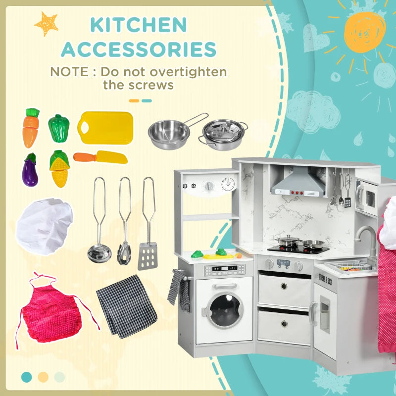 Toy Kitchen with Running Water, Lights, Sounds, Apron and Chef Hat, Water Dispenser, for Ages 3-6 Years, Grey