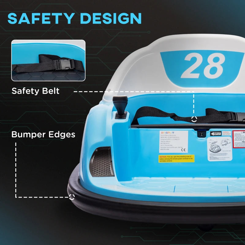 360° Rotation Kids Bumper Car, 12V Waltz Car with Remote Control, Dual Joystick, Music, Lights, Light Blue