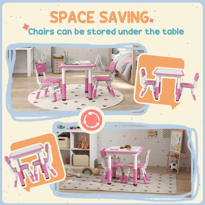 Height Adjustable Toddler Table and Chair Set, 3-Piece Children Activity Table w/ 2 Chairs for Playroom, Bedroom - Pink