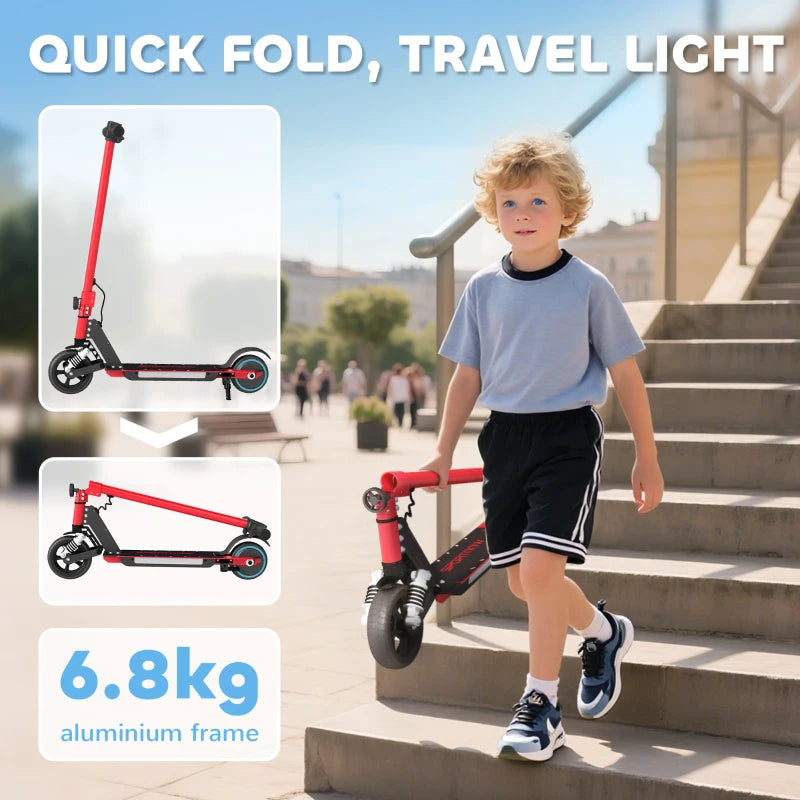 Folding Electric Scooter for Kids, with Dual Brakes, Front Suspension, LED Colourful Lights, Red