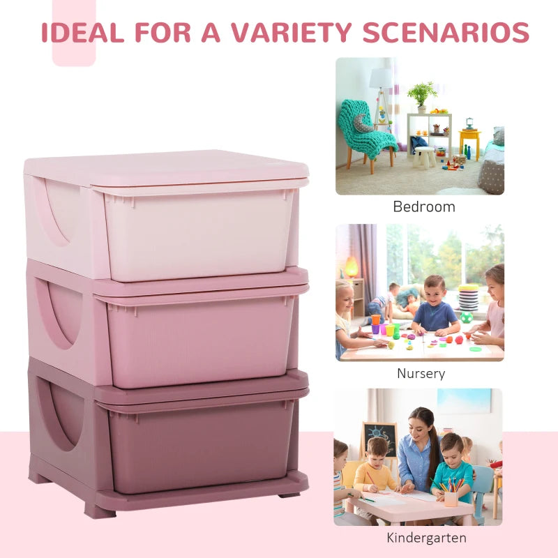 3 Drawers Plastic Storage Units, 3 Tier Kids Storage Units, Children Toy Chest for Nursery, Playroom, Bedroom, Pink