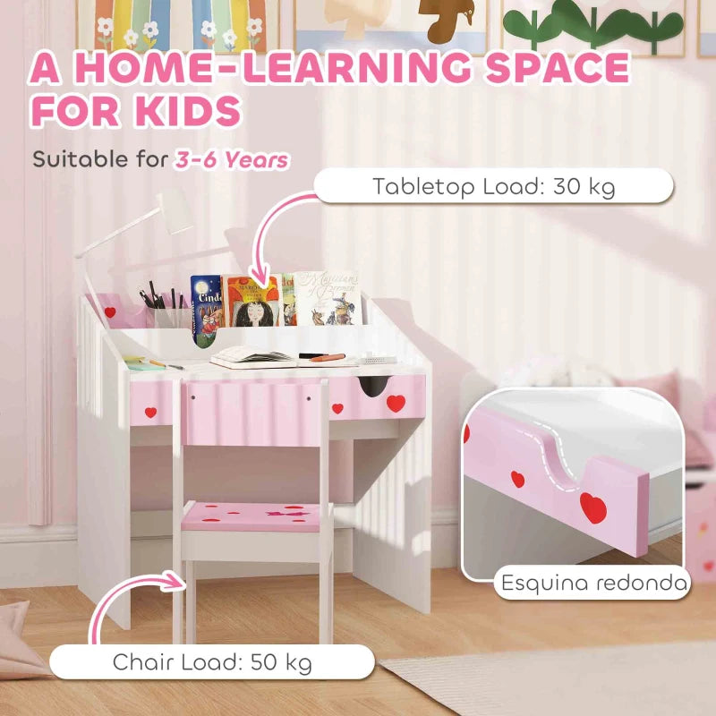 Children Study Table and Chair, Kids Desk and Chair Set with Storage, Pull-Out Drawer, for Ages 3-6 Years, Pink