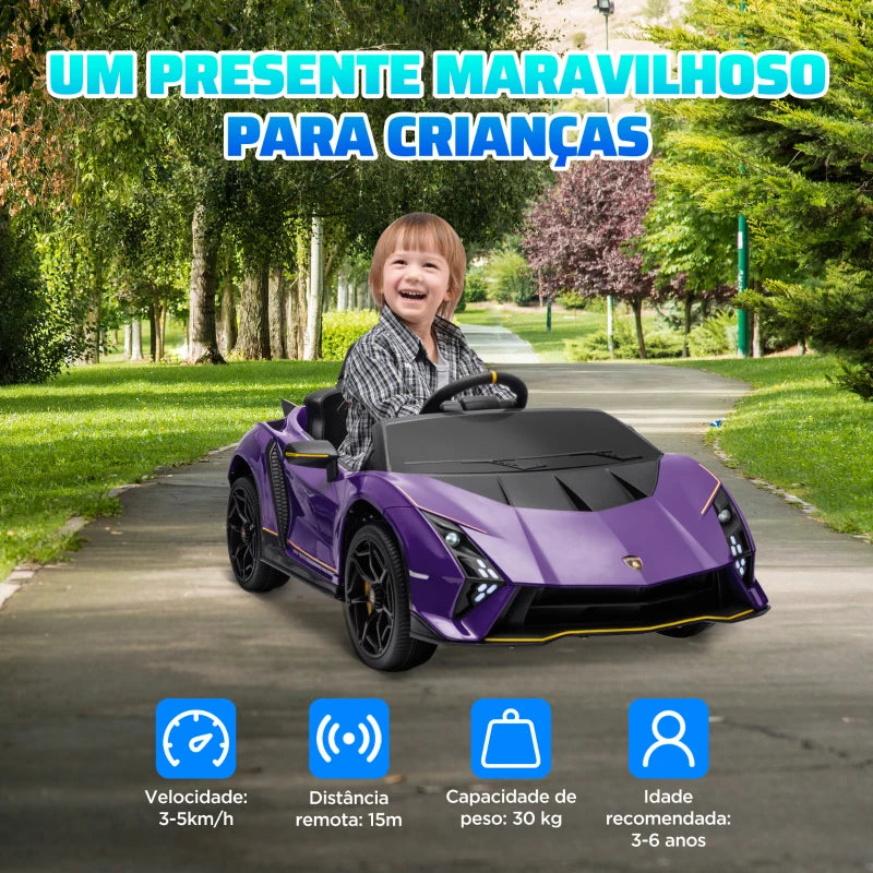 12V Lamborghini Autentica Licensed Kids Electric Car with Remote Control, Four Suspension Wheels, Soft Start, Purple