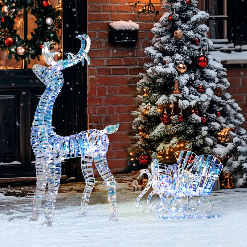 Lighted Christmas Reindeer with Sleigh, Outdoor Yard Reindeer with 170 Warm White LED Lights, Holiday Decor with Stakes, Waterproof, Silver
