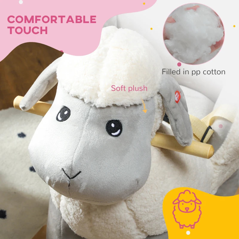 Rocking Horse, Ride on Lamb with Safety Belt, Sound, for Ages 18-36 Months, Grey