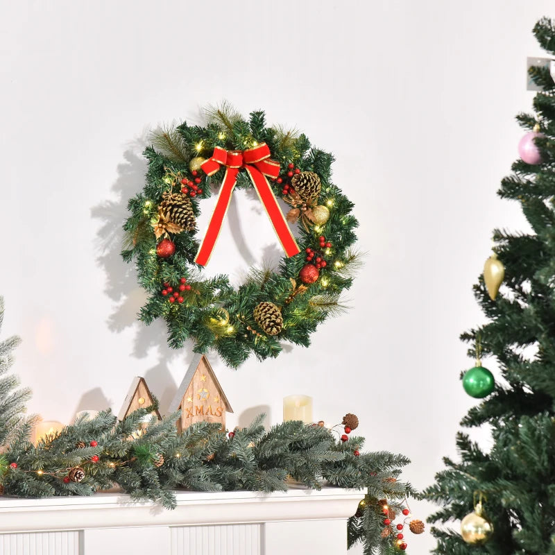 60cm Pre-Lit Artificial Christmas Door Wreath Holly LED Decor Pine Cones Hanging Glittered Festival Indoor Outdoor Decoration