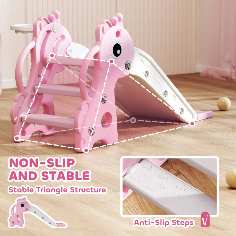3 in 1 Kids Slide with Climber, Basketball Hoop and Ball, Giraffe Shape Climber Slide for Indoor Kids Age 1-3, Pink