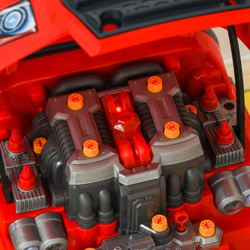 Kids Truck Engine Toy Set, Toddler Educational Car Service Station Playset, Take Apart Workshop, w/ RC Car Key, Steering wheel, Horn, Light, for 3-5 Years Old Red