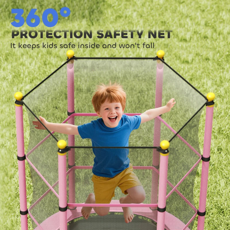 4.6FT/55" Kids Trampoline with Safety Enclosure, Outdoor Indoor Use, for Ages 3-10 Years, Pink
