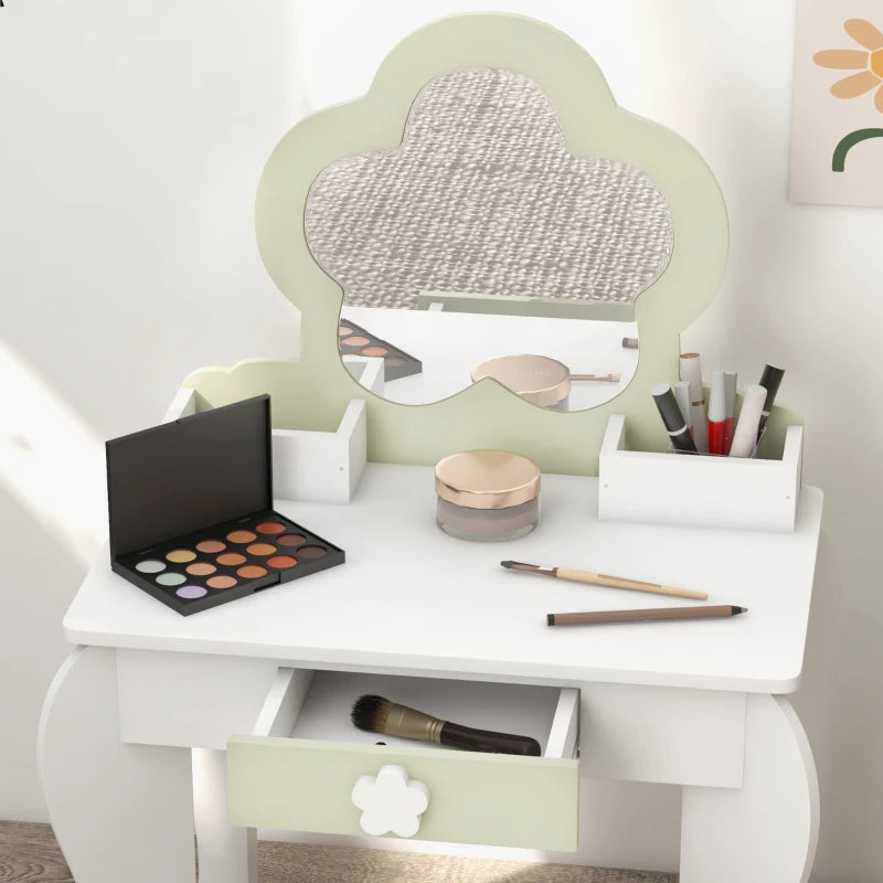 Kids Vanity Table with Mirror and Stool, Drawer, Storage Boxes, Flower Design, for Ages 3-6 Years - White