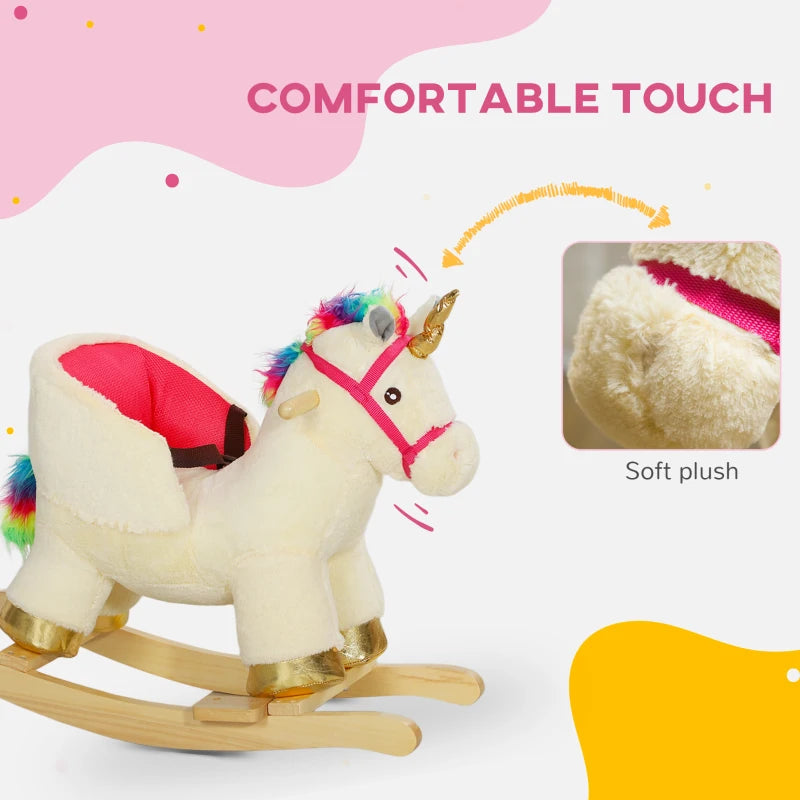 Kids Rocking Horse with Realistic Sounds, Safety Belt, Wooden Base, for Ages 18-36 Months, Cream White
