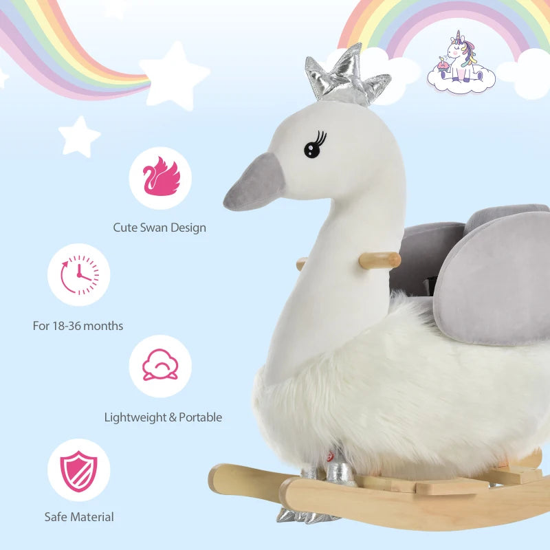 Kids Rocking Horse, Children Plush Ride On Swan Animal Rocker w/ Sound, Wood Base Seat, Safety Belt, Baby Toy Rocker for Toddler 18 - 36 Months, White and Grey