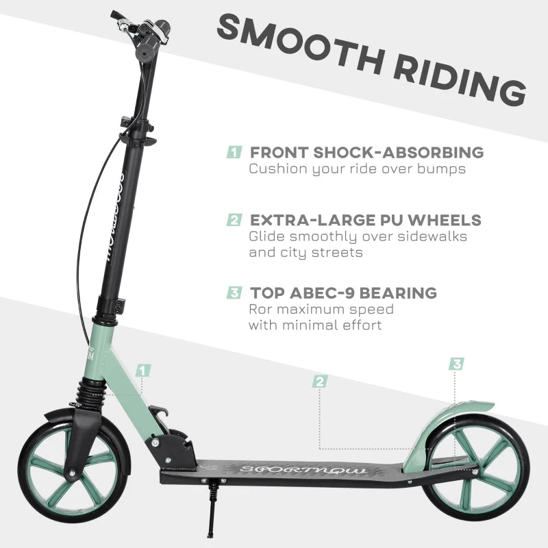 One-click Folding Kick Scooter for 14+ w/ Adjustable Handlebar, Push Scooter with Kickstand, Dual Brake System, Shock Absorber, 200mm Wheels & ABEC-9 Bearings