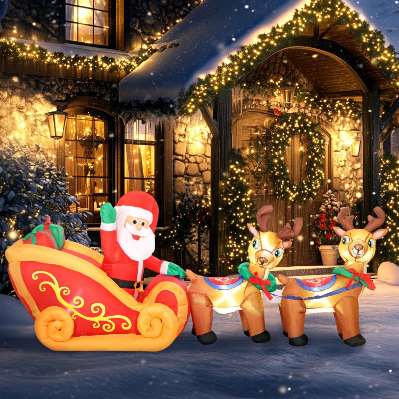 7.9ft Christmas Inflatable Santa on Sleigh with Two Reindeer, Outdoor Christmas Blow Up Decoration with Built-in LED Lights for Garden, Indoor Outdoor Home Decor