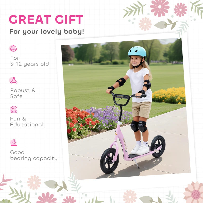 Kids Scooter Kick Scooter, with 12" EVA Tyres, Rear Brake, Big Wheels Scooter for 5-12 Years , Pink