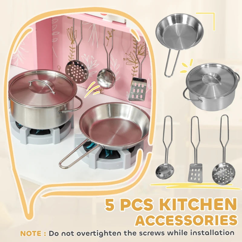 Play Kitchen, Kids Kitchen Set with Lights and Sounds, Double Stoves, Ice Maker, Chalkboard for 3+ Years, Pink