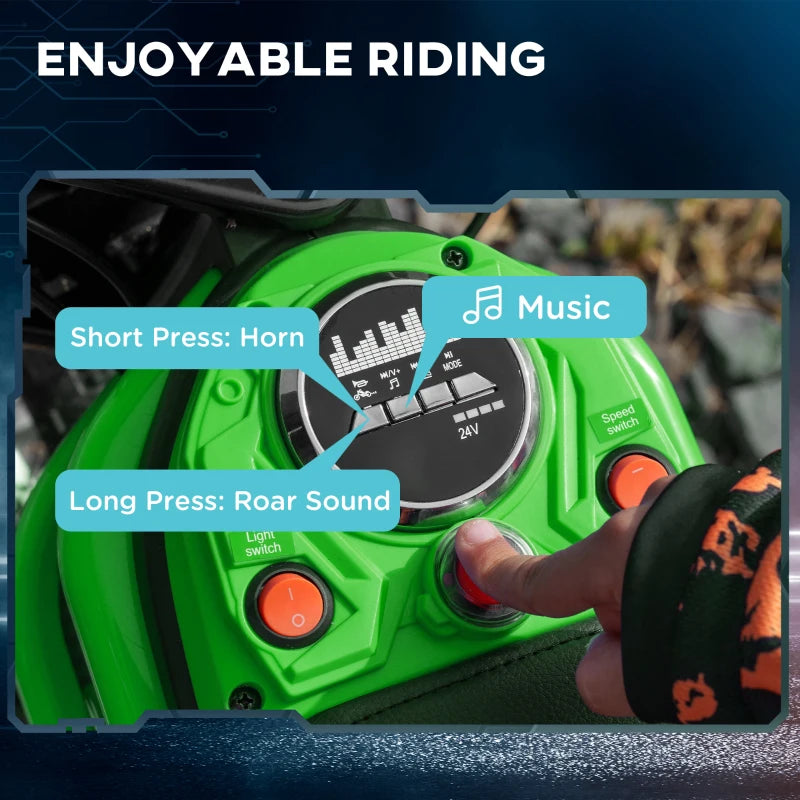 24V Electric Motorbike with Twist Grip Throttle, Music, Horn, 12" Pneumatic Tyres, 16km/h Max Speed - Green
