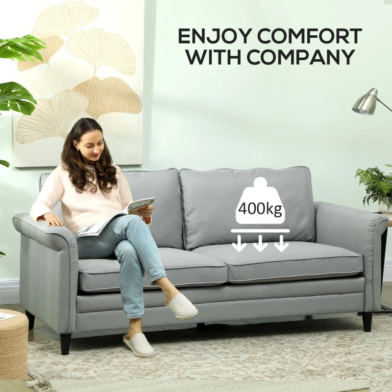 3 Seater Sofa, Modern Fabric Sofa Couch with Spring Cushion, Rubber Wood Legs, 191cm Upholstered Settee for Living Room, Bedroom, Home Office, Guest Room, Grey