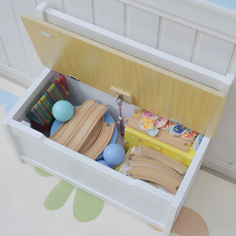 2 In 1 Wooden Toy Box, Seat Storage Bench, Storage Chest Cabinet Organiser, with Safety Pneumatic Rod