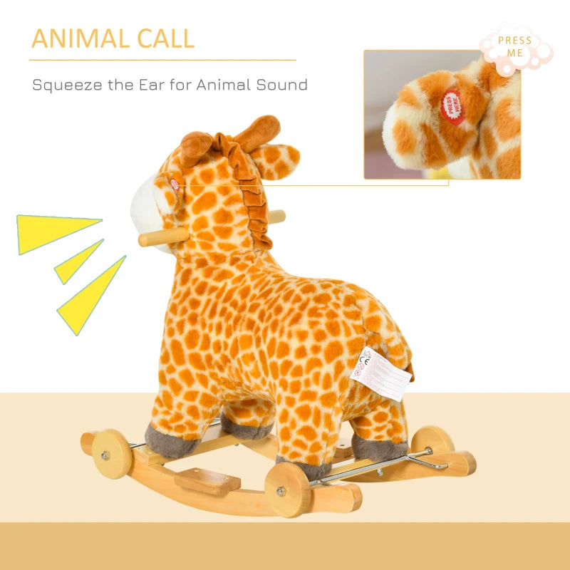 2 In 1 Kids Todder Rocking Horse Plush Ride On Giraffe Rocker with Wheels Wooden Base Animal Sounds for 3-6 Years