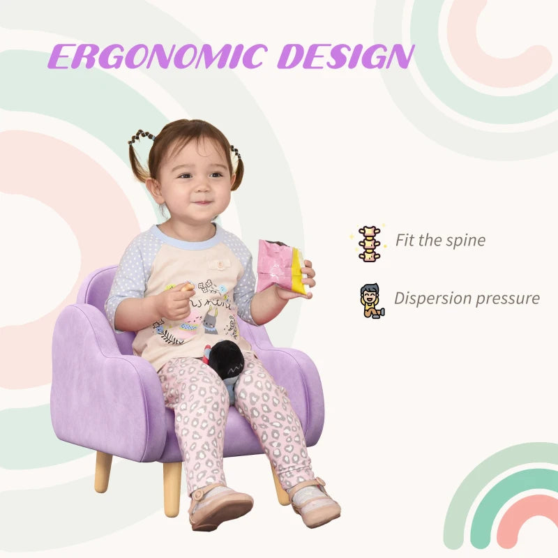 Kids Armchair Toddler Sofa Children Chair with Arm Rest, Wooden Frame, Velvet, PP Legs, Cloud Shape, for Ages 1.5-3 Years - Purple