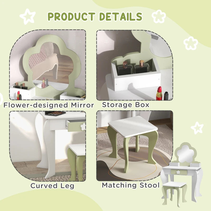 Kids Vanity Table with Mirror and Stool, Drawer, Storage Boxes, Flower Design, for Ages 3-6 Years - White