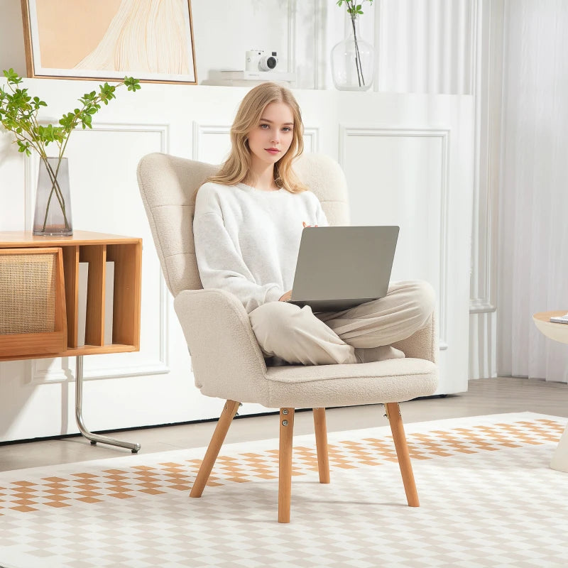 Modern Accent Chair, Upholstered Tufted Wingback Armchair with Seat Padding, Teddy Fleece Leisure Lounge Bedroom Chair with Wood Legs, Cream White