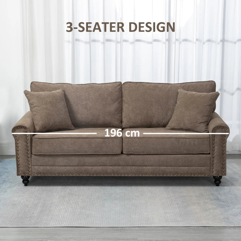 196cm 3 Seater Sofa, Fabric Sofa with Rubber Wood Legs, Nailhead Trim, 2 Pillows, Small Upholstered Couch Settee for Living Room, Guest Room, Brown
