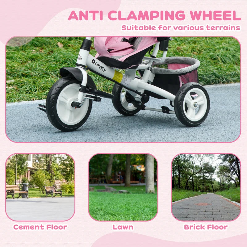 6 in 1 Kids Trike with Parent Handle, Canopy, 5-point Safety Belt, Storage, Footrest, Brake, for 1-5 Years, Pink